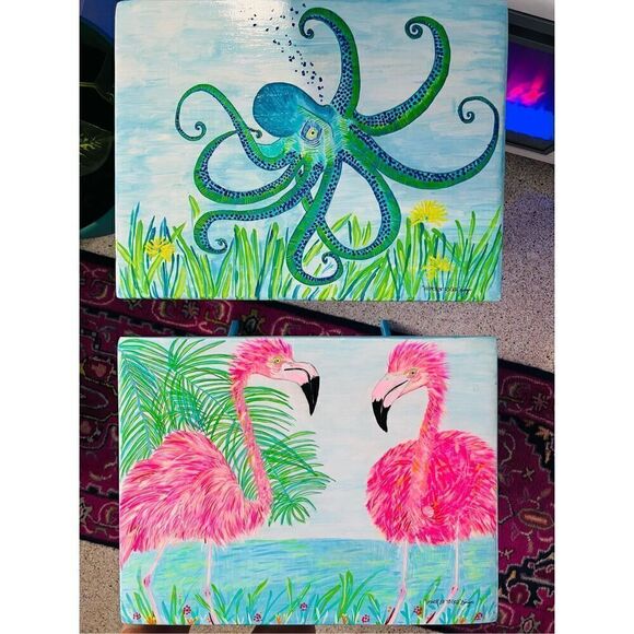 Flamingo Tray Table Hand Painted Coastal Original Vintage Rare Wood L19” W14” H2 - Picture 15 of 16